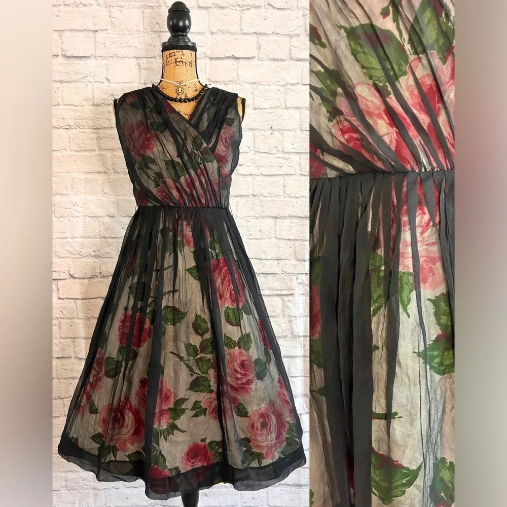 Vintage 50s Dress WOUNDED BIRD Black Pink Floral Midi Evening Formal Party Prom - Picture 1 of 17